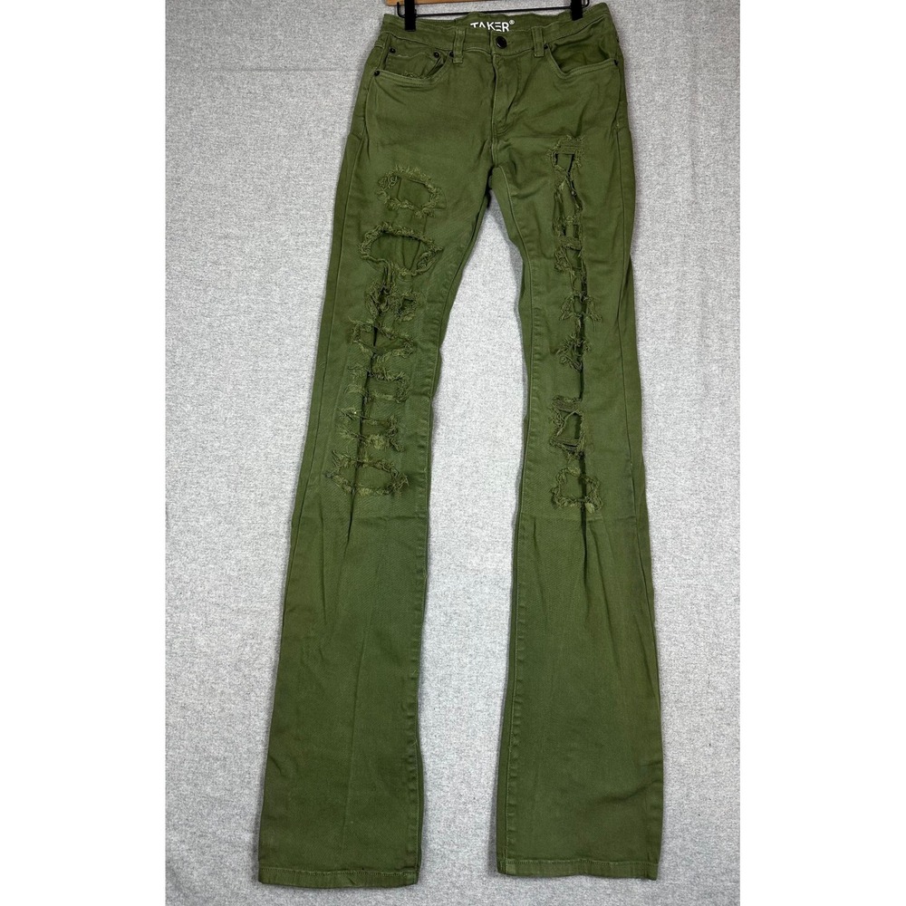 Taker Distressed Flare Stacked Jeans 32x44 Green Streetwear Denim